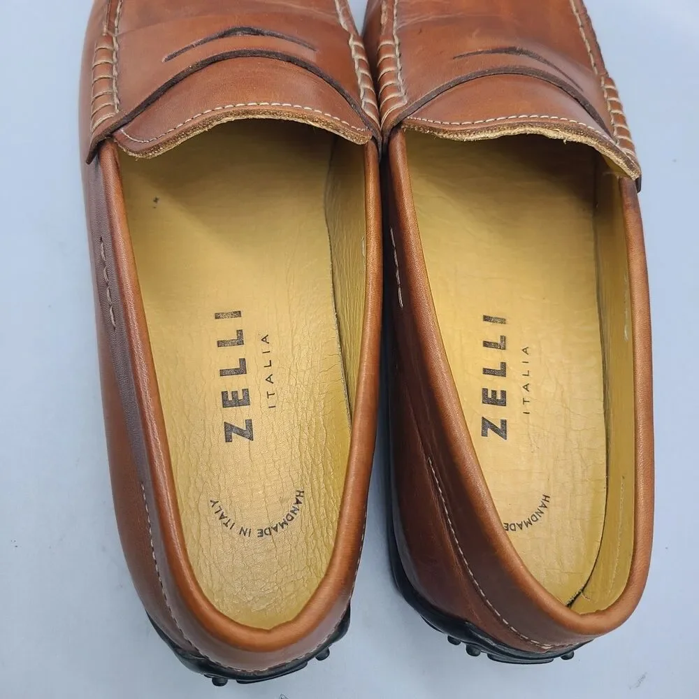 Zelli Monza mens tan brown Italian Calfskin Driver Penny Loafers Italy sz 11.5